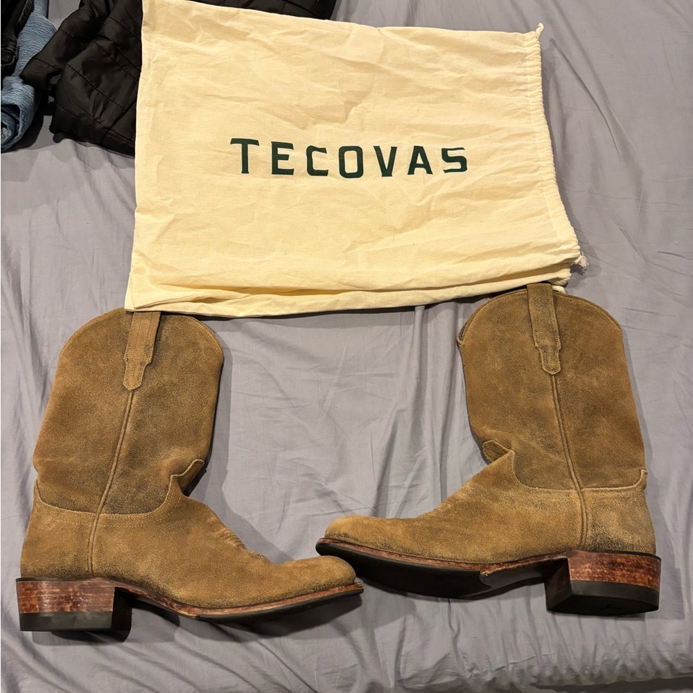 Tecovas Tan Suede Western Boots. The Johnny Boot in gravel suede color